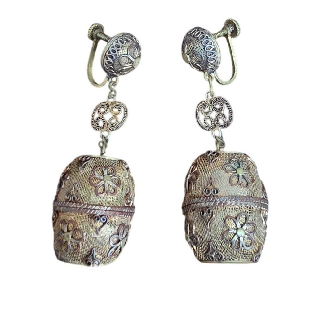 Vintage Gold Tone Perfume Barrel Dangle Earrings Victorian Cottagecore Romantic